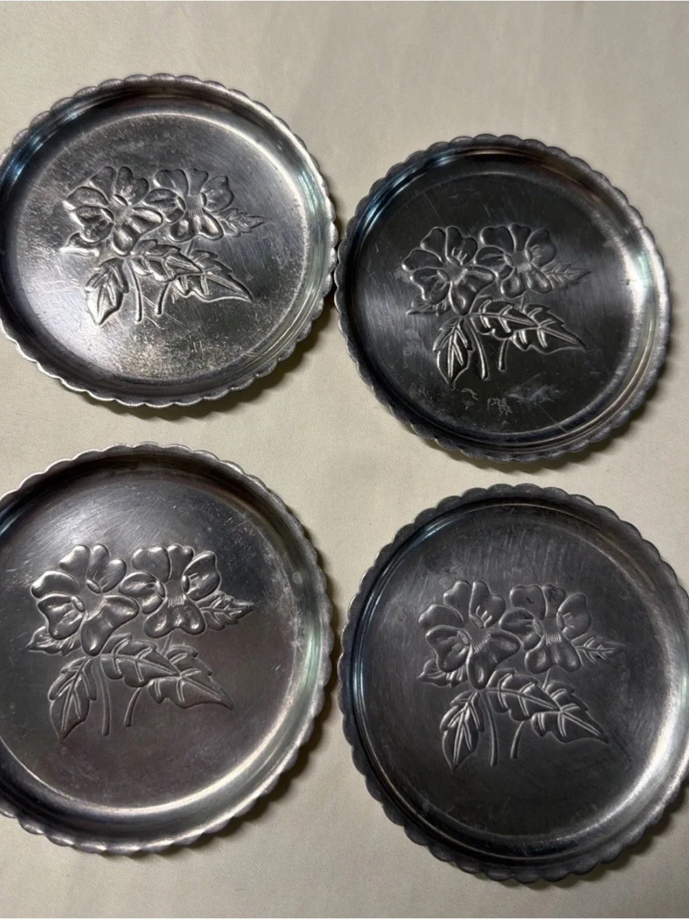 Source Unknown Silver Floral Metal Coaster Set of 4
